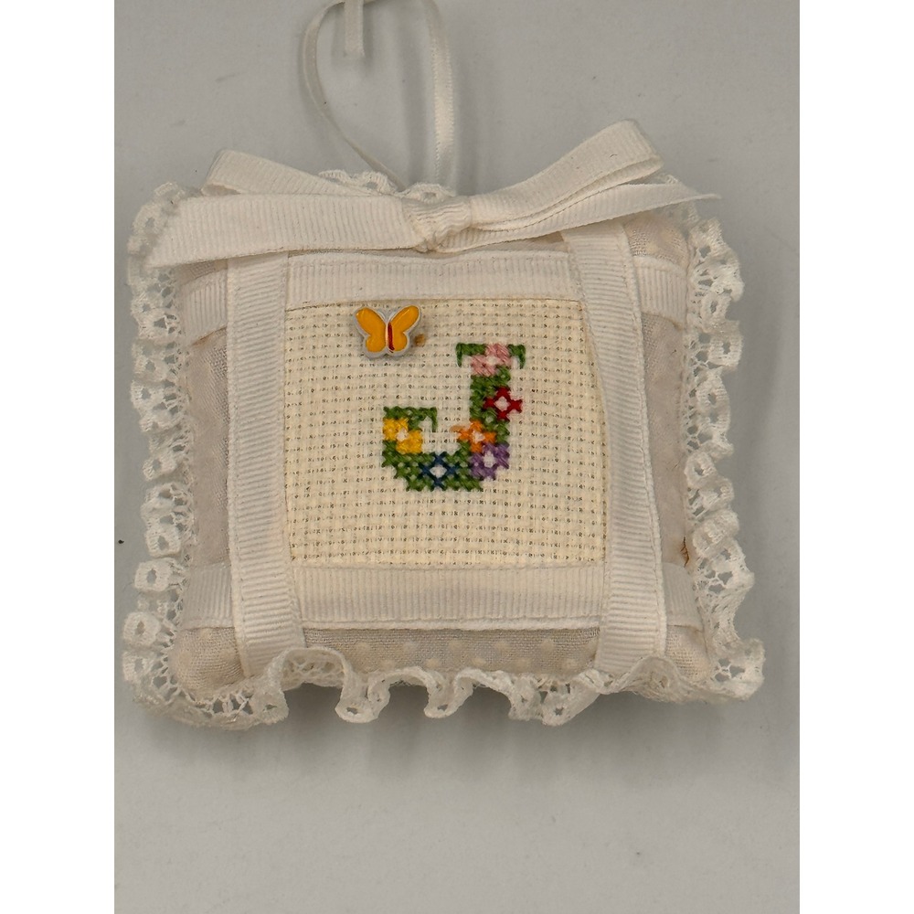 Handmade Floral Monogram Letter J Cross Stitch Sachet Pillow Lace Trim Butterfly